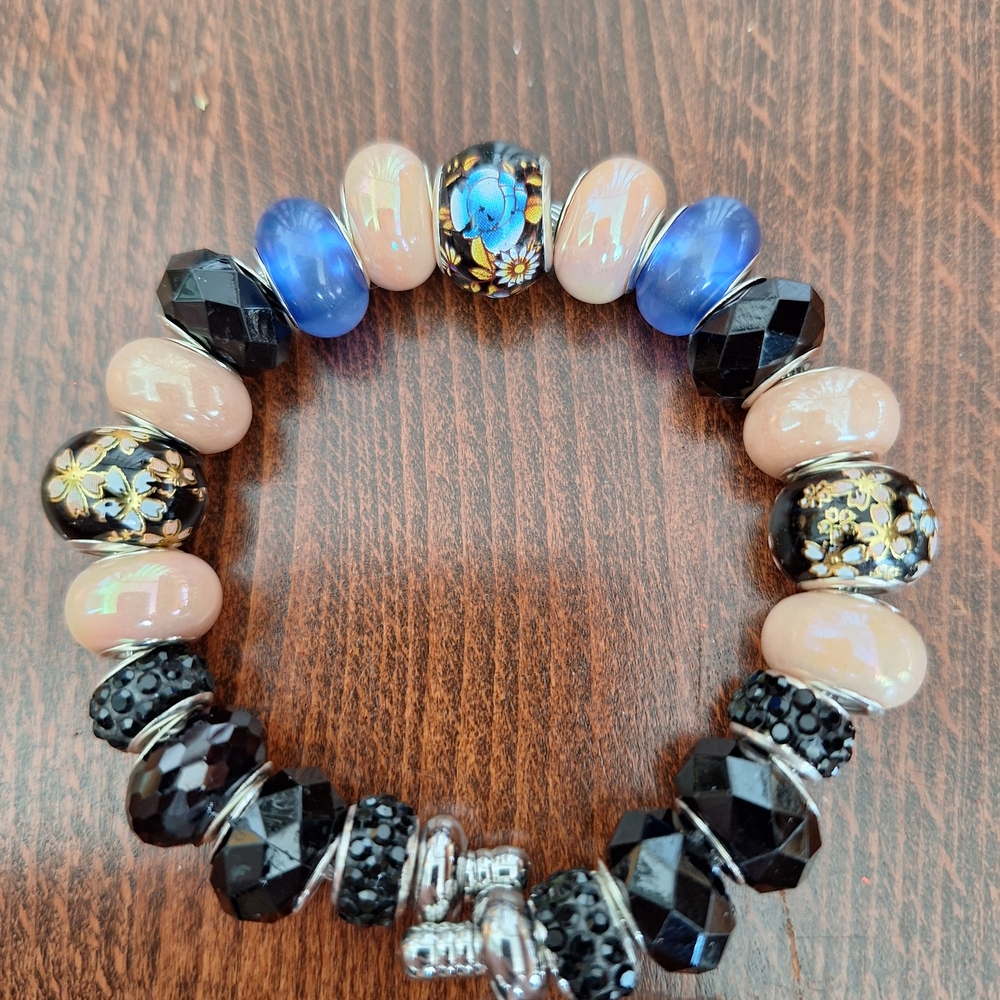 Elegant Glass Black and Blue Beaded Bracelet With a Few Japanes Painted Beade